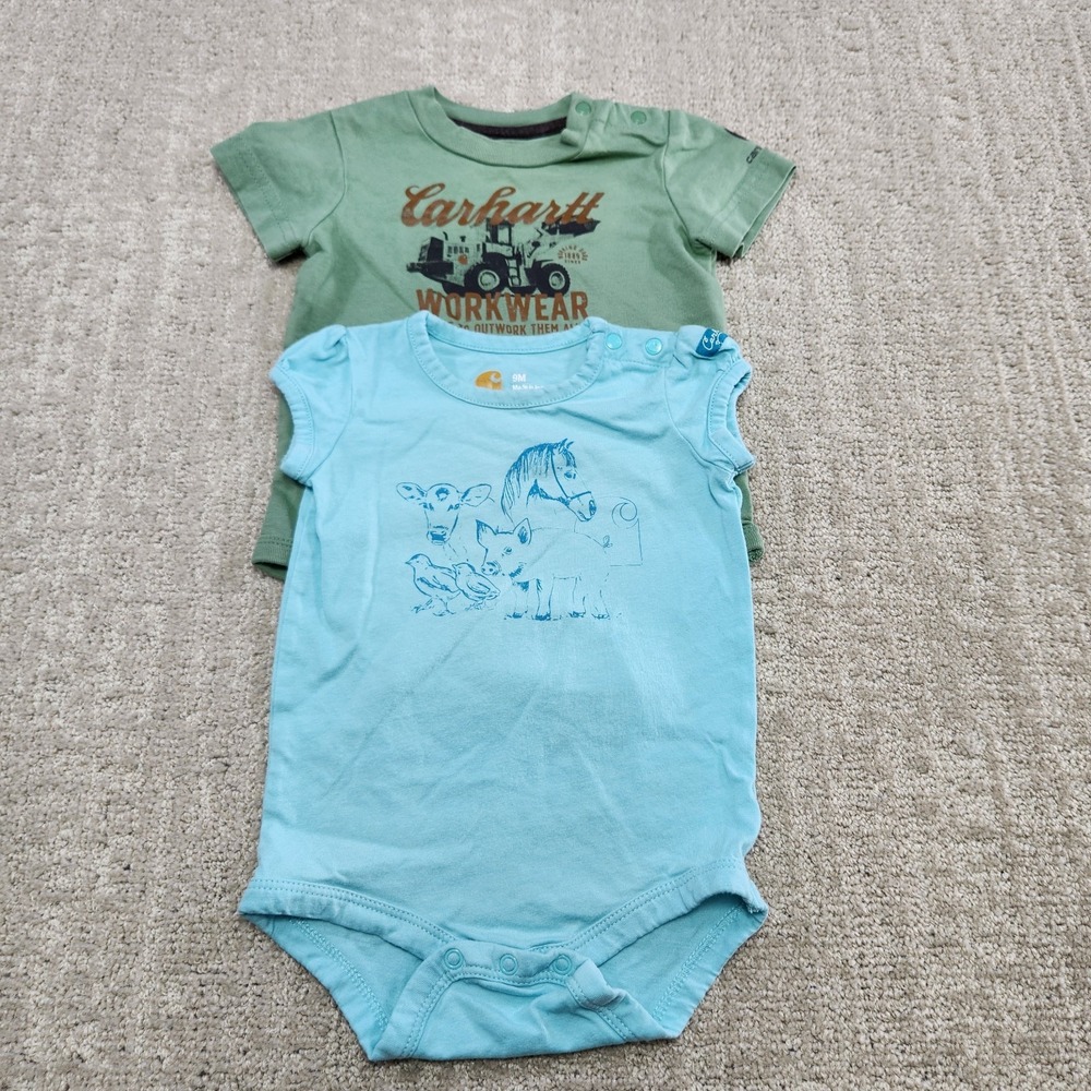 Lot Of 2 Carhartt One Piece Shirts 9 Months Infant Green Blue Workwear Cowboy